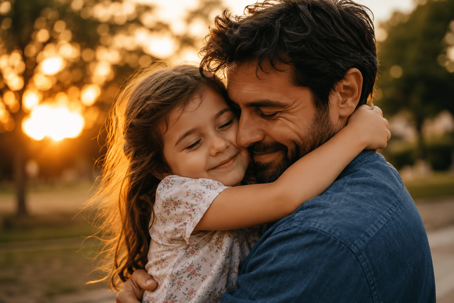 Papá abrazando con ternura a su hija al atardecer para celebrar su cumpleaños.