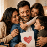 Esposa e hijos abrazando a papá en casa durante el Día del Padre con un gesto de amor familiar