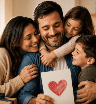 Esposa e hijos abrazando a papá en casa durante el Día del Padre con un gesto de amor familiar