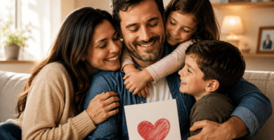Esposa e hijos abrazando a papá en casa durante el Día del Padre con un gesto de amor familiar