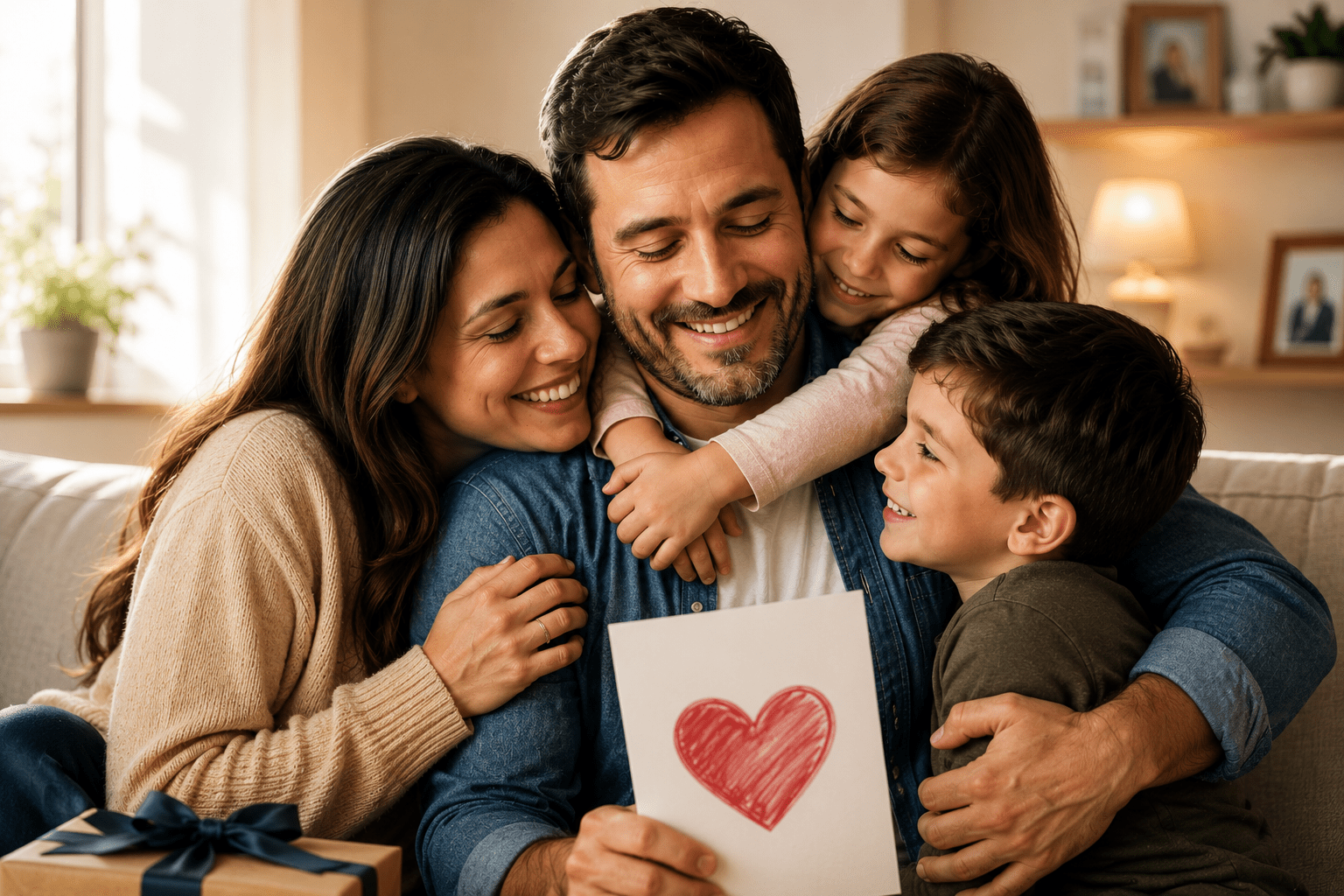 Esposa e hijos abrazando a papá en casa durante el Día del Padre con un gesto de amor familiar