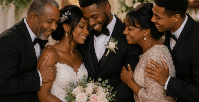 Familia afrodescendiente abrazando a los novios en una boda emotiva, representando poemas familiares para boda