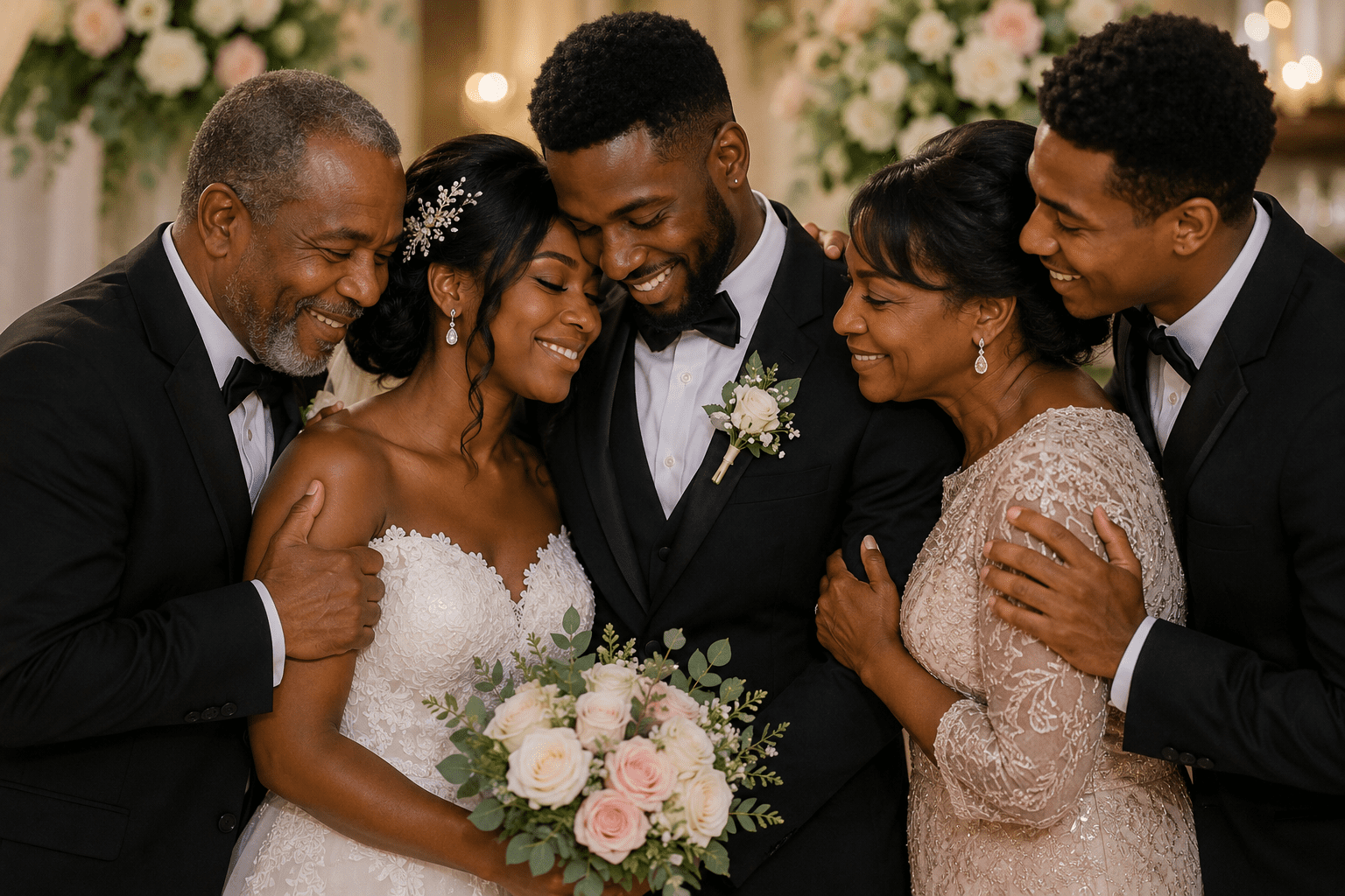 Familia afrodescendiente abrazando a los novios en una boda emotiva, representando poemas familiares para boda