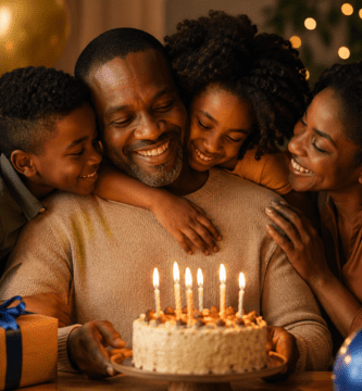 Papá de piel negra celebrando su cumpleaños abrazado por su familia junto a un pastel con velas