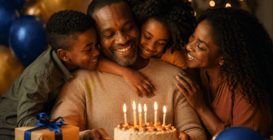 Papá de piel negra celebrando su cumpleaños abrazado por su familia junto a un pastel con velas