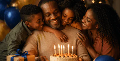 Papá de piel negra celebrando su cumpleaños abrazado por su familia junto a un pastel con velas