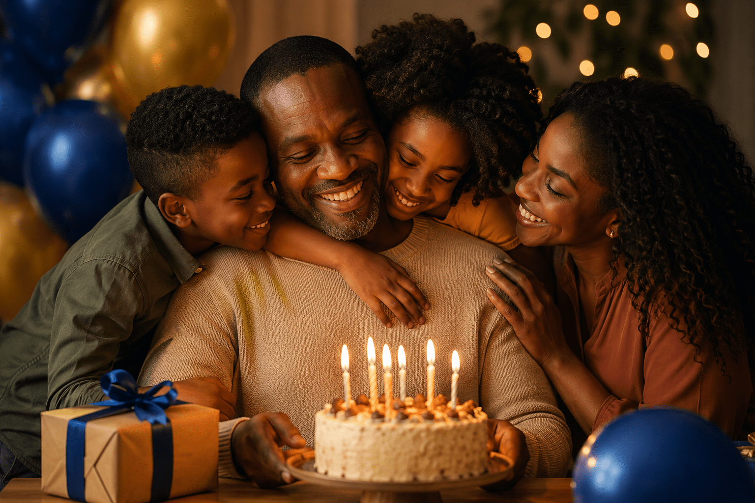Papá de piel negra celebrando su cumpleaños abrazado por su familia junto a un pastel con velas