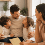 Esposa leyendo una carta poema mientras su esposo sonríe con sus hijos en casa, imagen familiar para poemas largos del Día del Padre.