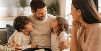 Esposa leyendo una carta poema mientras su esposo sonríe con sus hijos en casa, imagen familiar para poemas largos del Día del Padre.