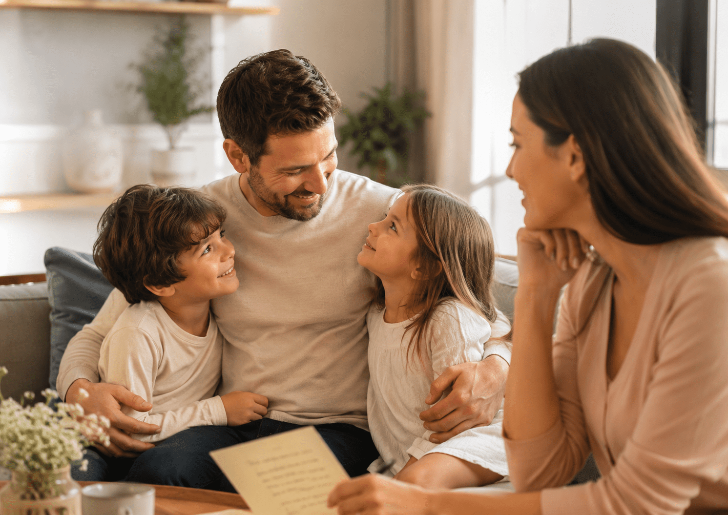 Esposa leyendo una carta poema mientras su esposo sonríe con sus hijos en casa, imagen familiar para poemas largos del Día del Padre.