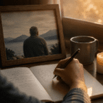 Persona escribiendo un poema largo para su padre fallecido junto a una foto, una vela y luz cálida
