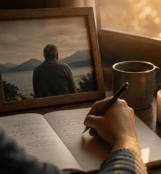 Persona escribiendo un poema largo para su padre fallecido junto a una foto, una vela y luz cálida