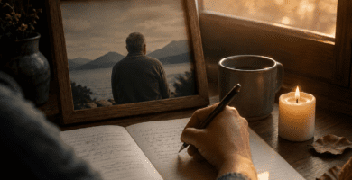 Persona escribiendo un poema largo para su padre fallecido junto a una foto, una vela y luz cálida