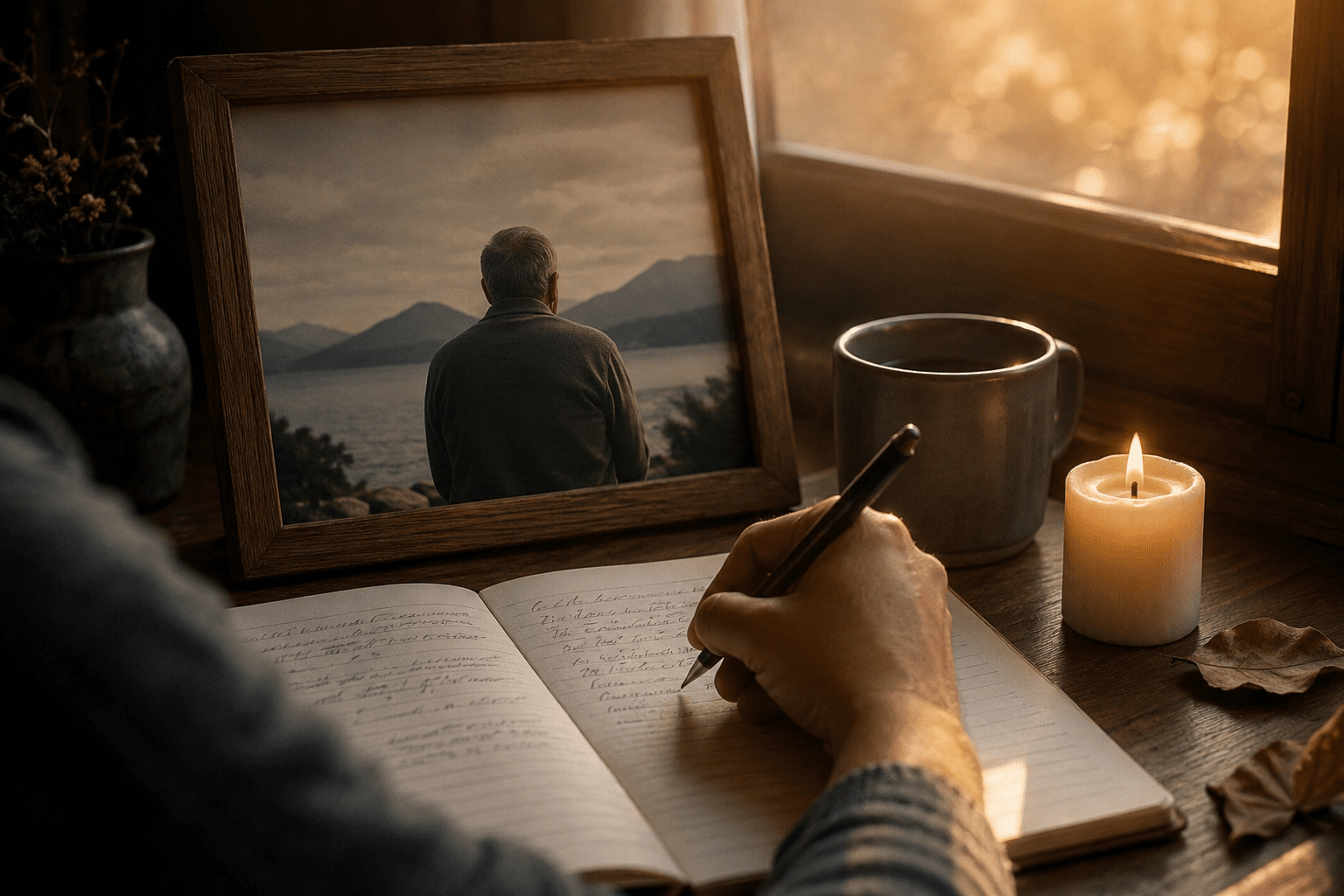 Persona escribiendo un poema largo para su padre fallecido junto a una foto, una vela y luz cálida