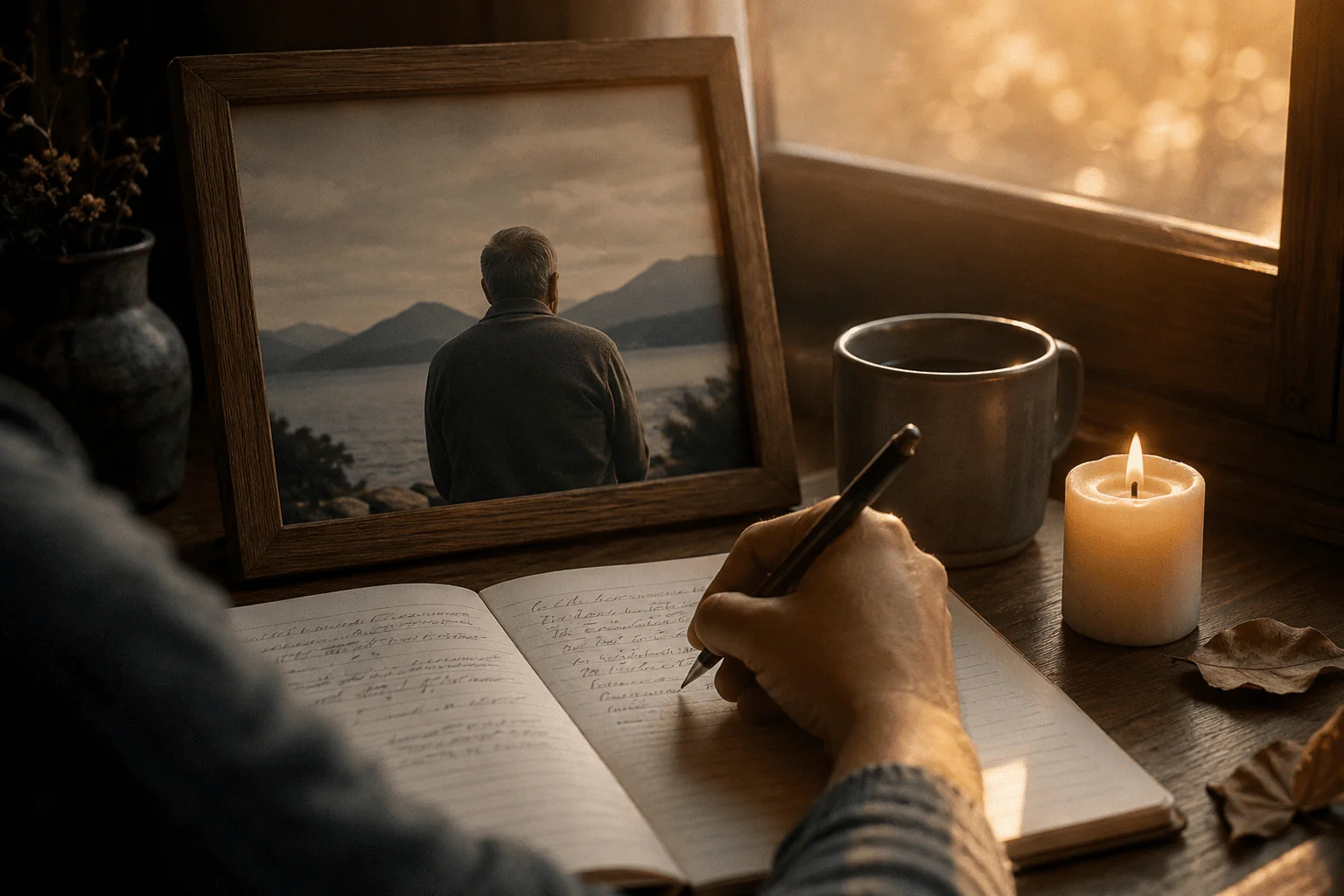 Persona escribiendo un poema largo para su padre fallecido junto a una foto, una vela y luz cálida