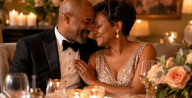 Pareja afrodescendiente celebrando aniversario de bodas en una cena romántica, representando poemas para aniversario de bodas