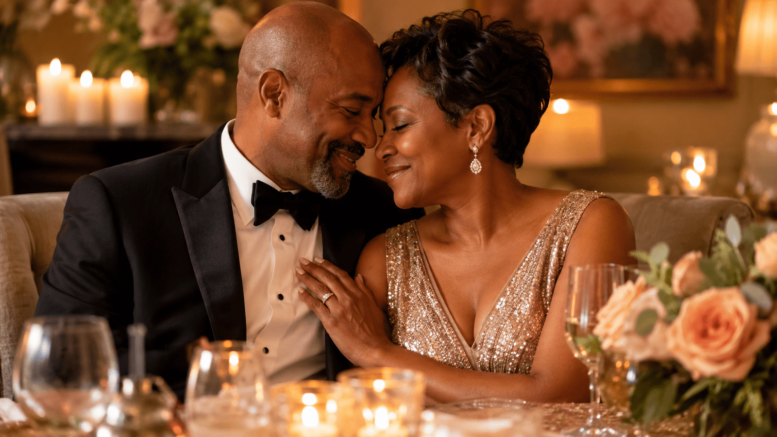 Pareja afrodescendiente celebrando aniversario de bodas en una cena romántica, representando poemas para aniversario de bodas