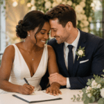 Pareja interracial firmando documentos en una boda civil, rodeada de flores y familiares en un ambiente emotivo y elegante.