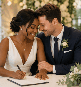 Pareja interracial firmando documentos en una boda civil, rodeada de flores y familiares en un ambiente emotivo y elegante.