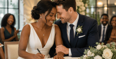 Pareja interracial firmando documentos en una boda civil, rodeada de flores y familiares en un ambiente emotivo y elegante.