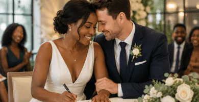 Pareja interracial firmando documentos en una boda civil, rodeada de flores y familiares en un ambiente emotivo y elegante.