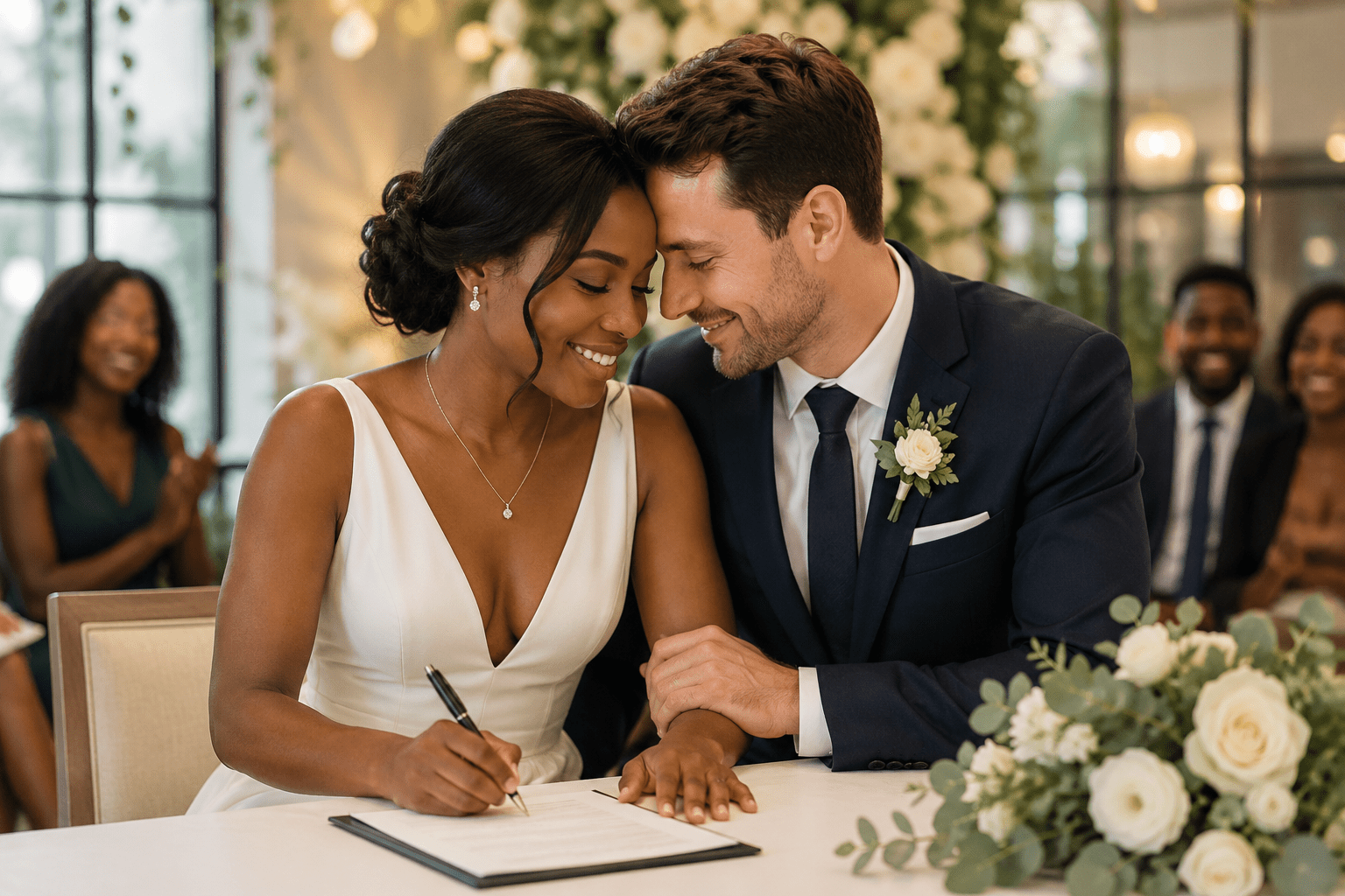 Pareja interracial firmando documentos en una boda civil, rodeada de flores y familiares en un ambiente emotivo y elegante.