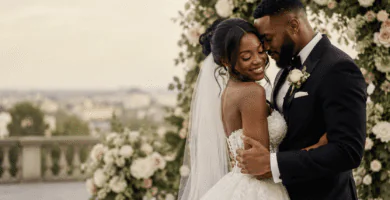 Pareja de novios afrodescendientes abrazados en una boda elegante, imagen para poemas para boda