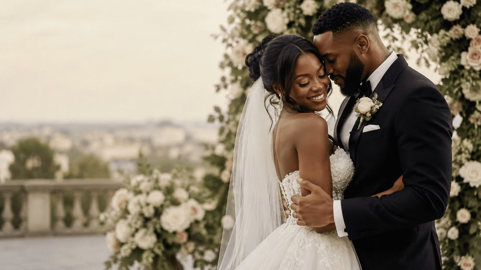 Pareja de novios afrodescendientes abrazados en una boda elegante, imagen para poemas para boda