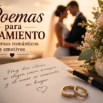 Poemas para casamiento con anillos, flores y pareja de novios al fondo en una escena romántica de boda.