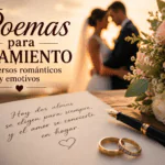 Poemas para casamiento con anillos, flores y pareja de novios al fondo en una escena romántica de boda.