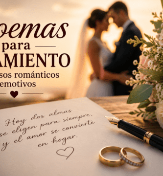 Poemas para casamiento con anillos, flores y pareja de novios al fondo en una escena romántica de boda.