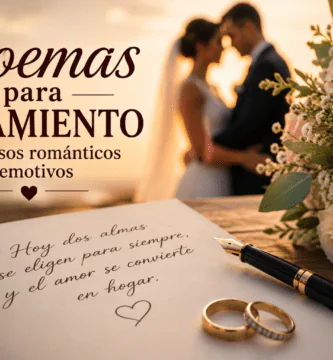 Poemas para casamiento con anillos, flores y pareja de novios al fondo en una escena romántica de boda.