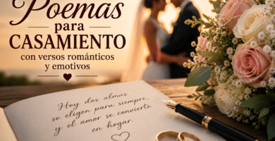 Poemas para casamiento con anillos, flores y pareja de novios al fondo en una escena romántica de boda.