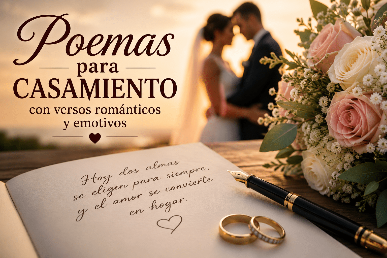Poemas para casamiento con anillos, flores y pareja de novios al fondo en una escena romántica de boda.