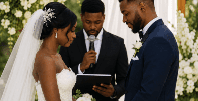 Pareja de novios afrodescendientes durante una ceremonia elegante, representando poemas para ceremonia de boda