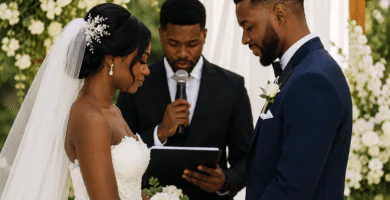 Casal afrodescendente durante uma cerimônia elegante, recitando poemas para a cerimônia de casamento.