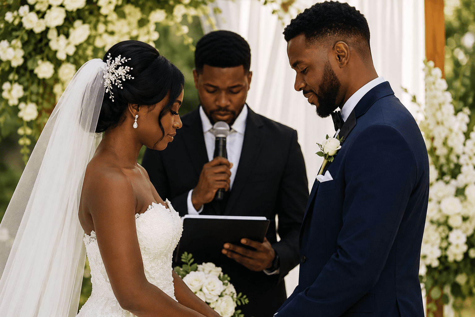 Pareja de novios afrodescendientes durante una ceremonia elegante, representando poemas para ceremonia de boda