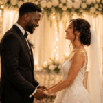 Pareja interracial de novios tomados de las manos en una ceremonia de boda elegante, con flores blancas y luces cálidas.