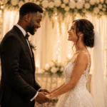 Pareja interracial de novios tomados de las manos en una ceremonia de boda elegante, con flores blancas y luces cálidas.