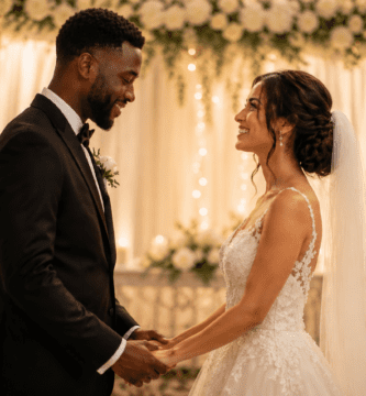 Pareja interracial de novios tomados de las manos en una ceremonia de boda elegante, con flores blancas y luces cálidas.