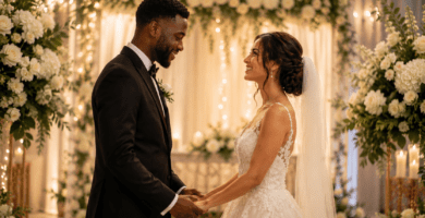 Pareja interracial de novios tomados de las manos en una ceremonia de boda elegante, con flores blancas y luces cálidas.