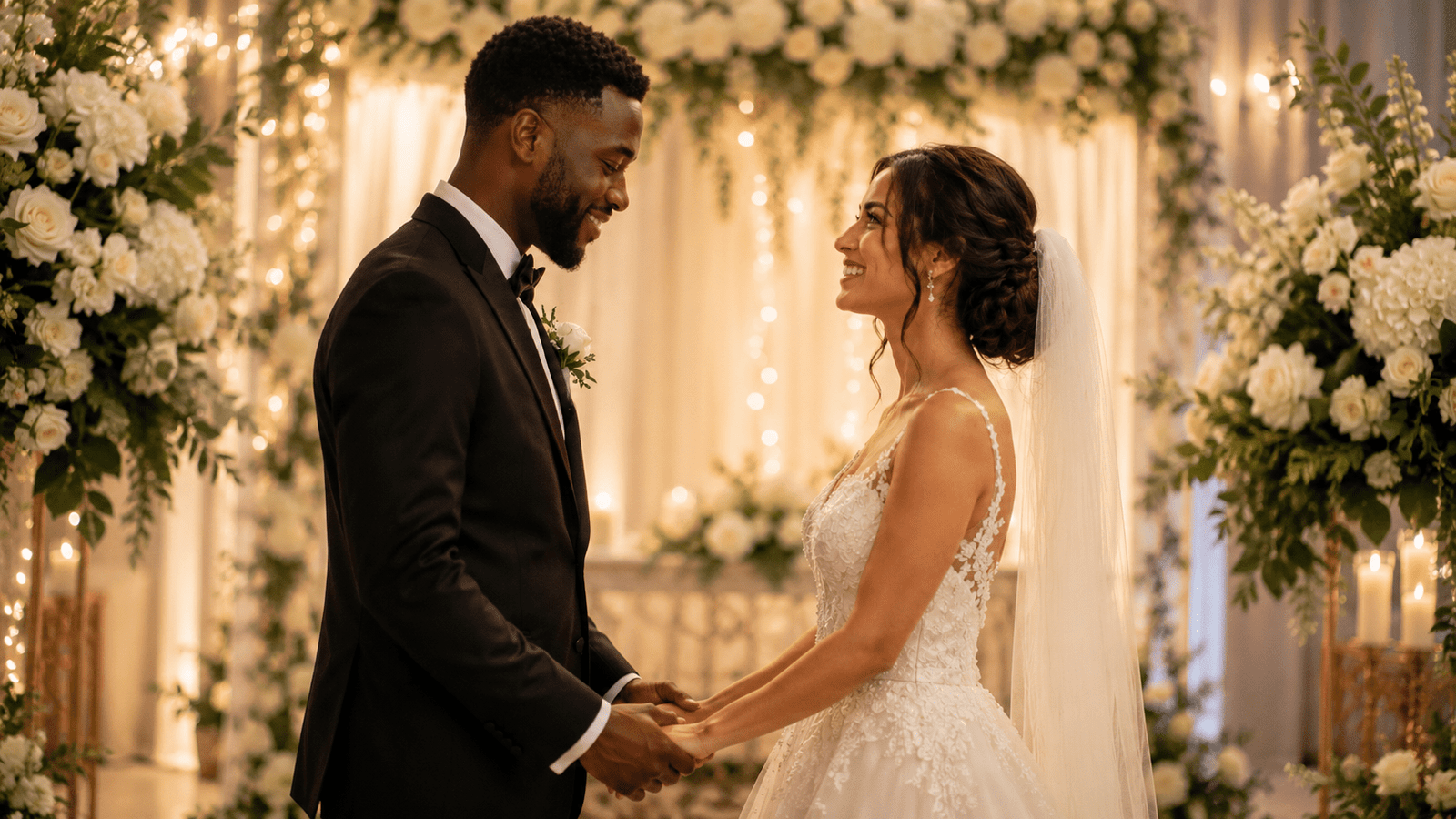 Pareja interracial de novios tomados de las manos en una ceremonia de boda elegante, con flores blancas y luces cálidas.