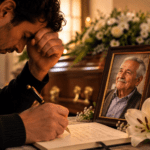 Persona escribiendo un poema de despedida para su padre fallecido junto a una foto familiar, flores blancas y una vela encendida