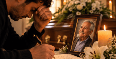 Persona escribiendo un poema de despedida para su padre fallecido junto a una foto familiar, flores blancas y una vela encendida