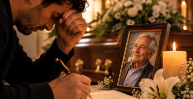 Persona escribiendo un poema de despedida para su padre fallecido junto a una foto familiar, flores blancas y una vela encendida