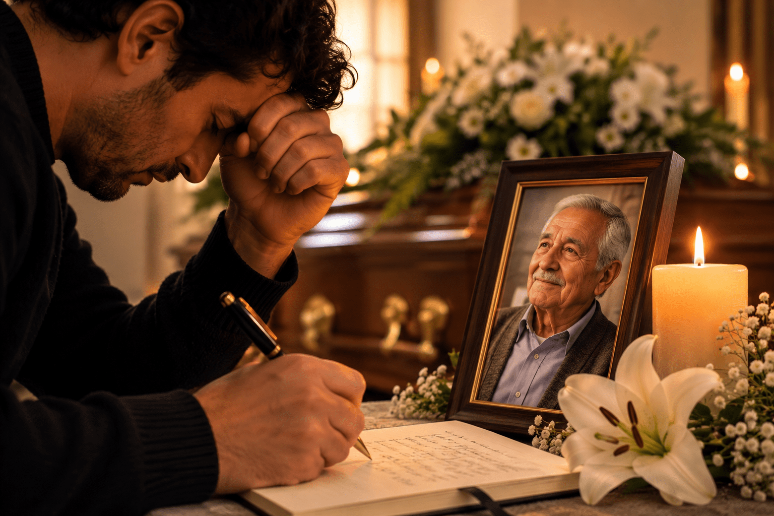 Persona escribiendo un poema de despedida para su padre fallecido junto a una foto familiar, flores blancas y una vela encendida