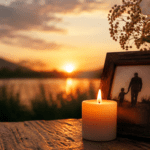 Vela encendida junto a una foto de papá y su hijo al atardecer para recordar a un padre fallecido en el Día del Padre