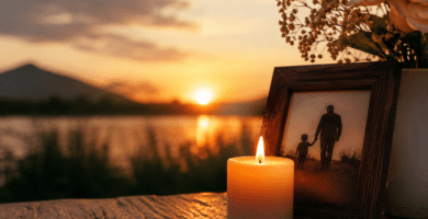 Vela encendida junto a una foto de papá y su hijo al atardecer para recordar a un padre fallecido en el Día del Padre
