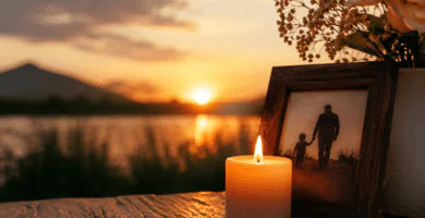 Vela encendida junto a una foto de papá y su hijo al atardecer para recordar a un padre fallecido en el Día del Padre