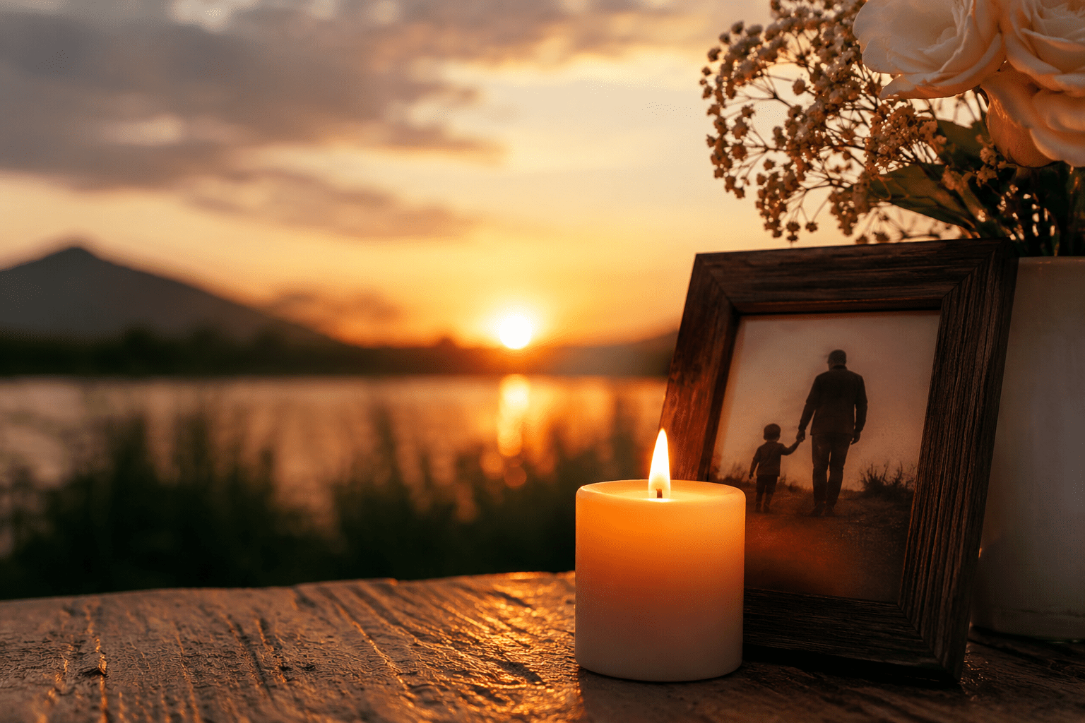 Vela encendida junto a una foto de papá y su hijo al atardecer para recordar a un padre fallecido en el Día del Padre